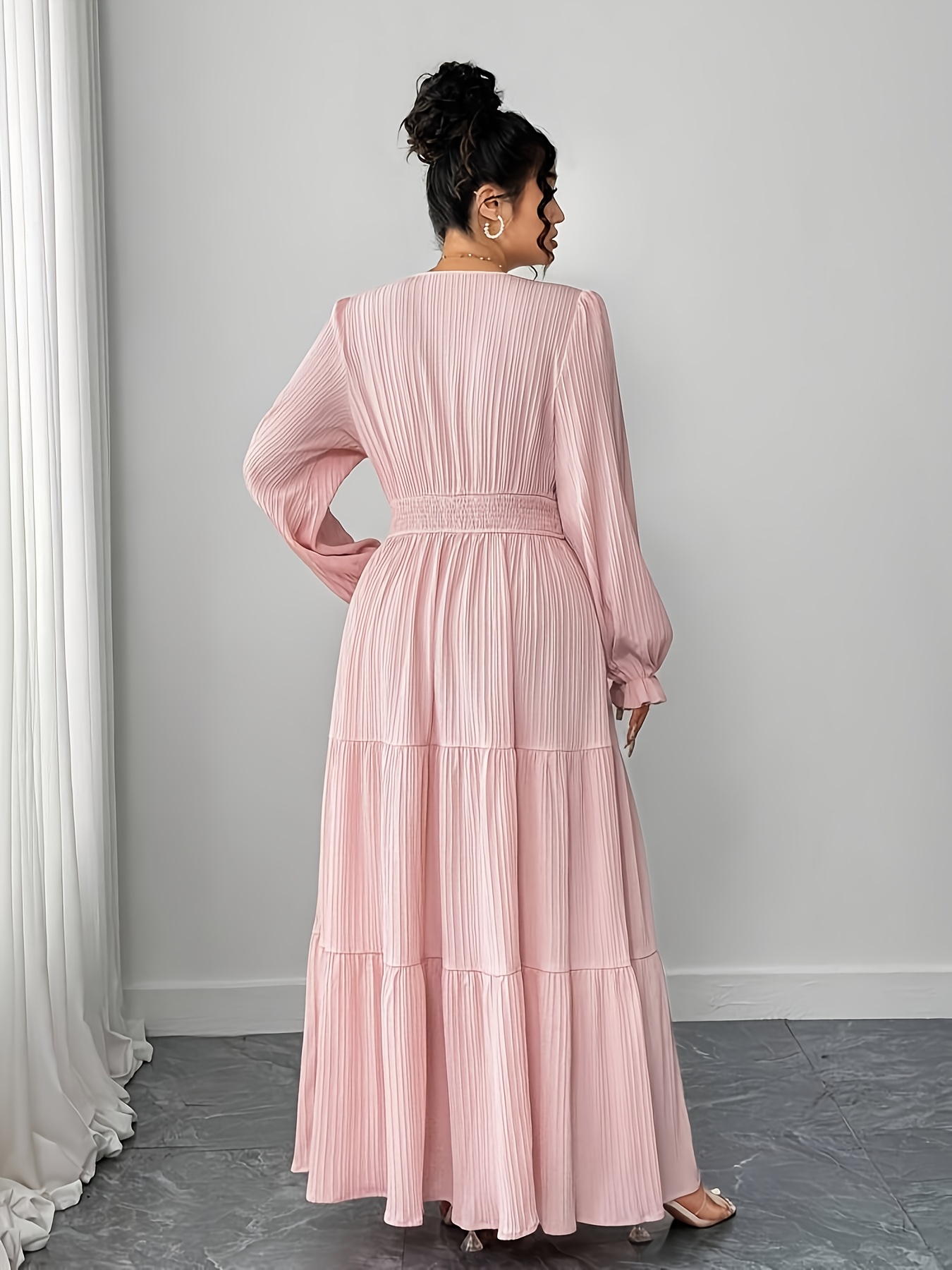 Plus Size, Women's Elegant V-Neck Maxi Dress - -Length A-Line Long Sleeve Formal & Semi-Formal Dress with Wrinkle-Resistant Fabric, Machine Washable Solid Color Gown for Weddings, Parties, (Plus Size Available) - Spring/Autumn Outfit