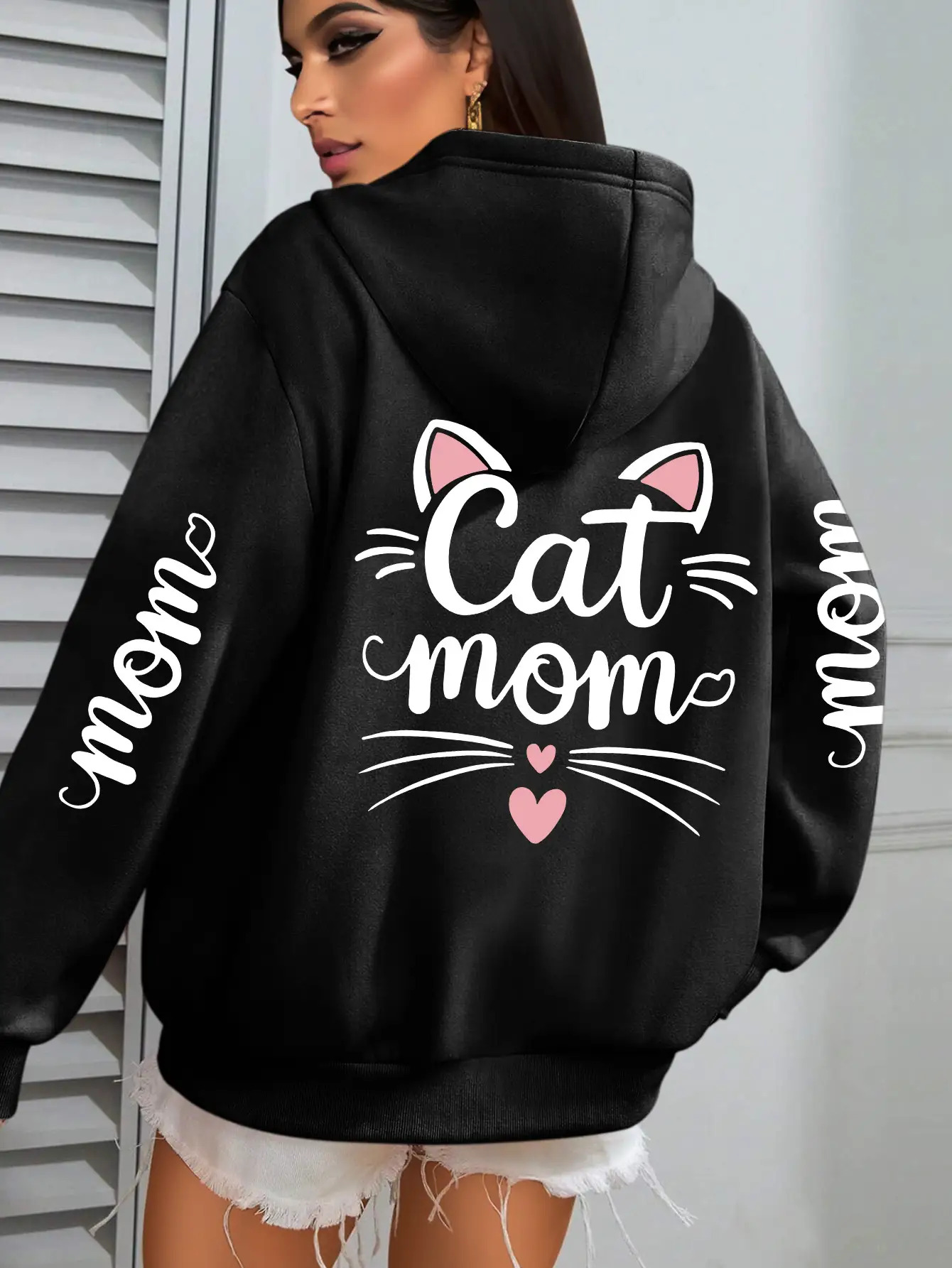 Plus Size Women's Pastel Pink Cat Mom Hoodie Cat Ear & Paw Print Pullover