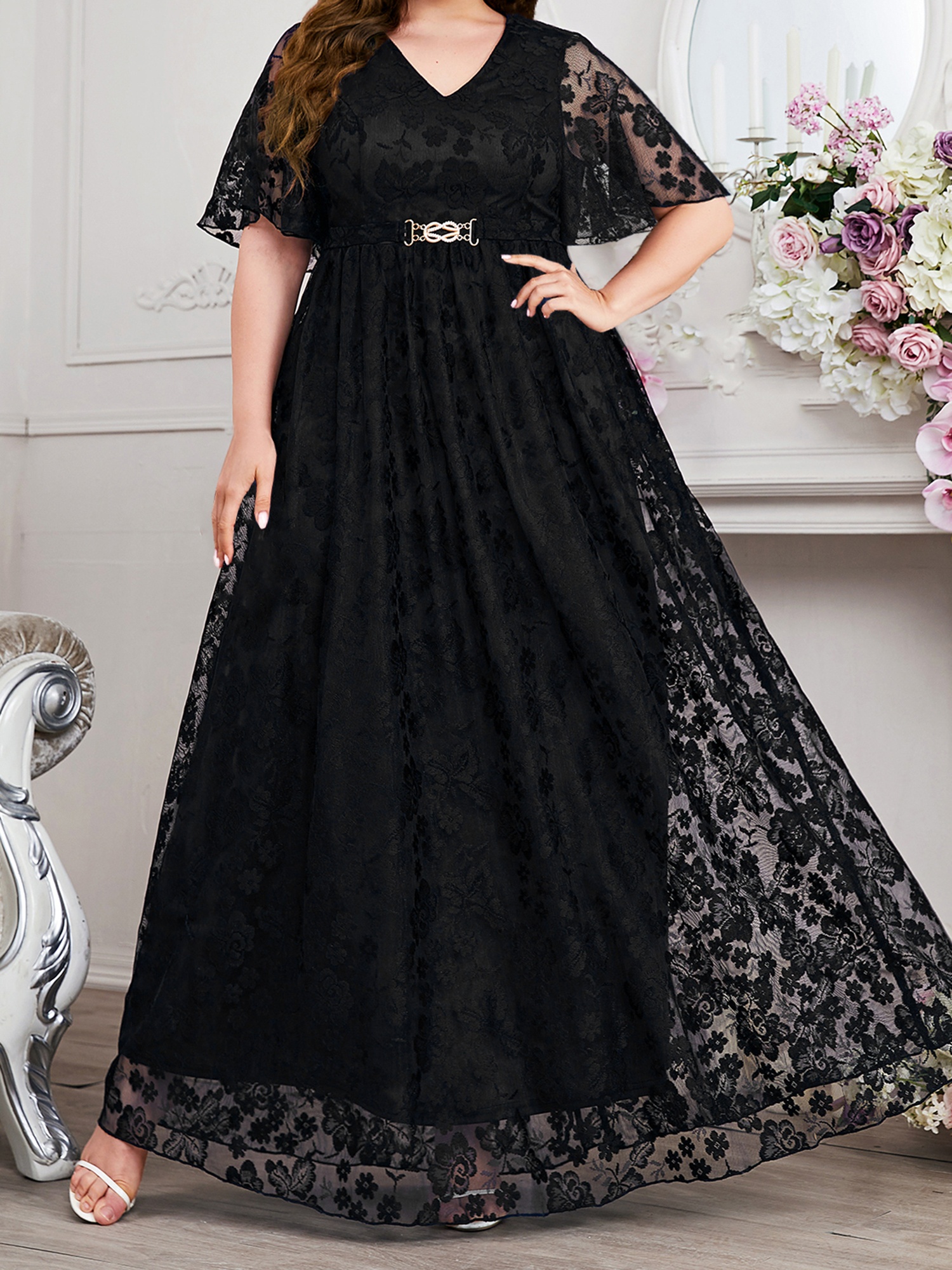 product_31266 Women's Floral Lace Long Dress Half Sleeve V-Neck Plus Size Beach Party Evening Flowy Dress 9pcs - Image 1