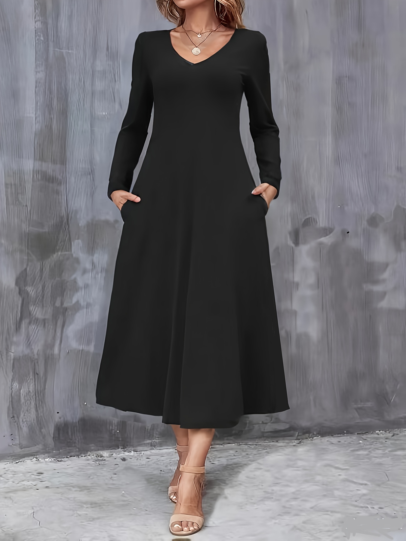 Plus Size - Plus Size - Women'S Plus Size V-Neck Long Sleeve Dress with Pockets - Solid Color Casual A-Line Dress, All-Season Comfort, Machine Washable, Versatile for Casual Attire, Comfortable Fashion | Vneck Dress | Glossy Texture