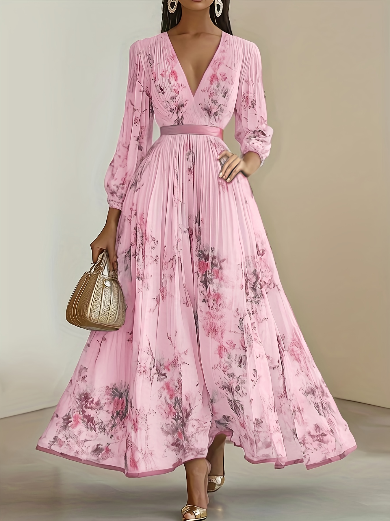 Plus Size, New Elegant Women's Printed V-Neck Lantern Sleeve Pleated Floral Maxi Dress