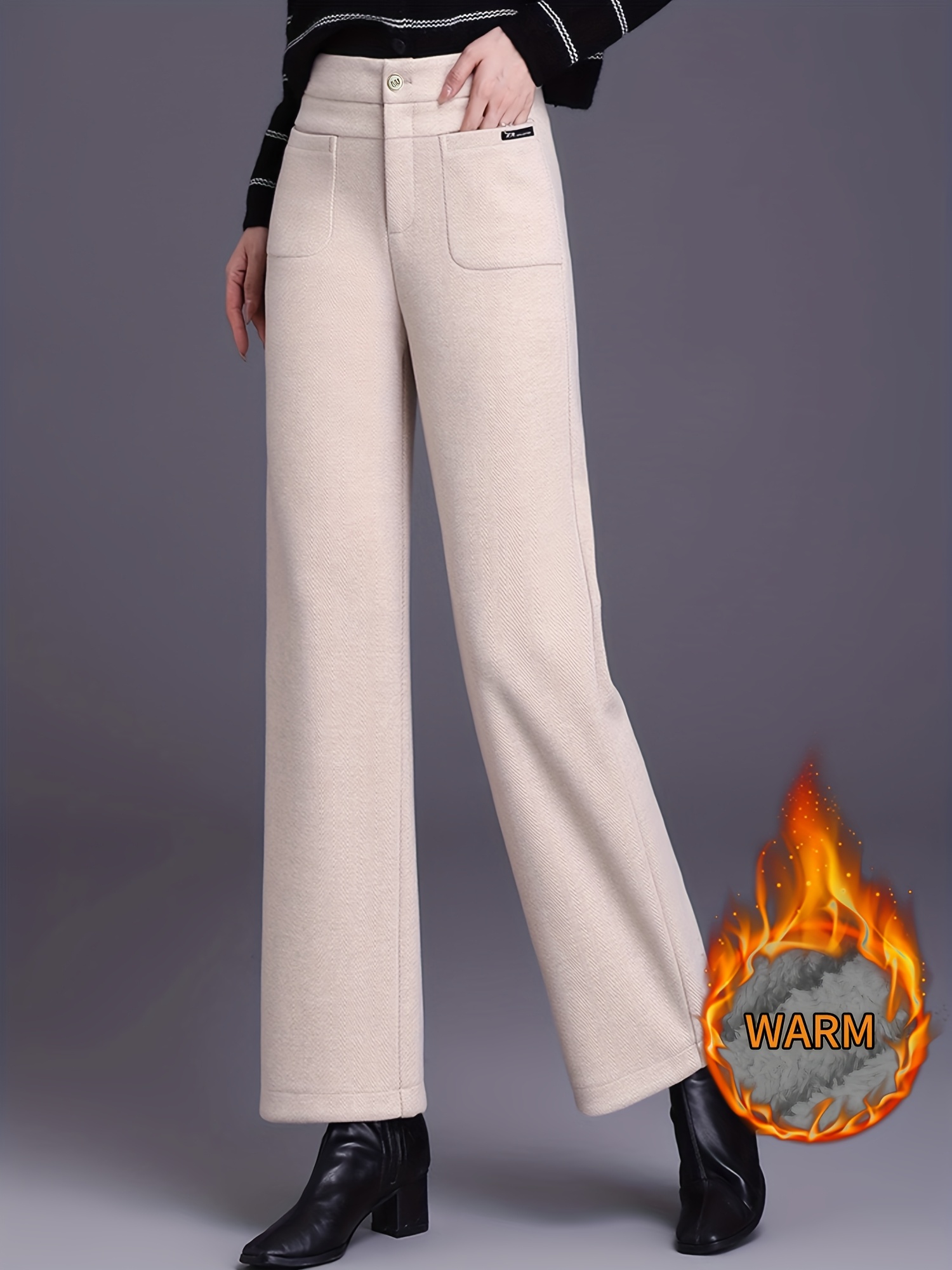 Women's Winter Wool Wide-Leg Pants for height & - Straight-Leg Trousers with Mom Fit (New) | Solid Color Winter Outerwear for, Semi-Formal & Daily Wear by Snow Evening | Non-Stretch Wool Pants