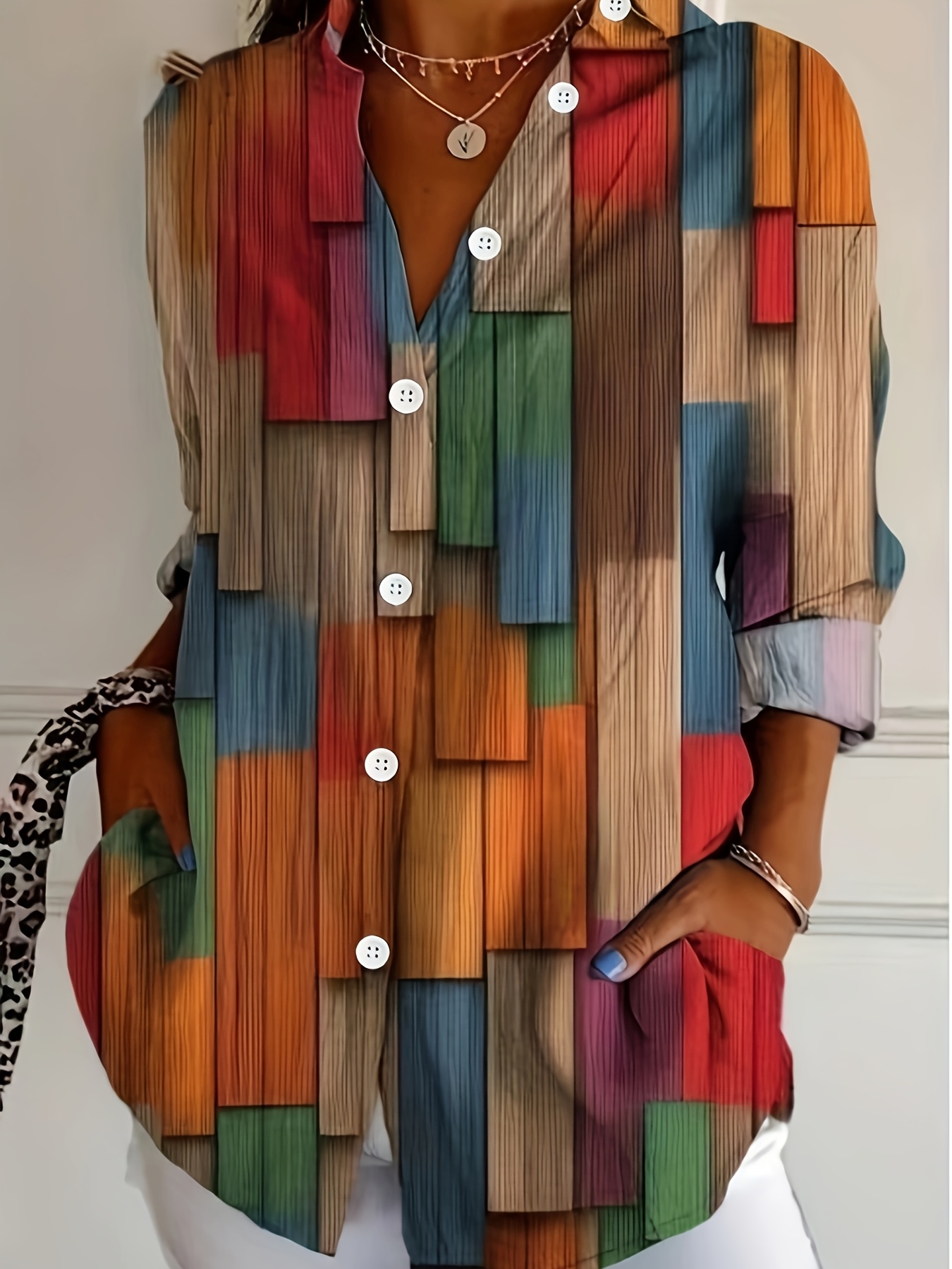 Women'S Casual Geometric Print Long Sleeve Button-Up Shirt - Vibrant Colorful Design, Collar, Lightweight & Breathable for Spring/Summer, Perfect for Casual Attire, Spring Summer Top | Geometric Pattern Top | Lightweight Shirt