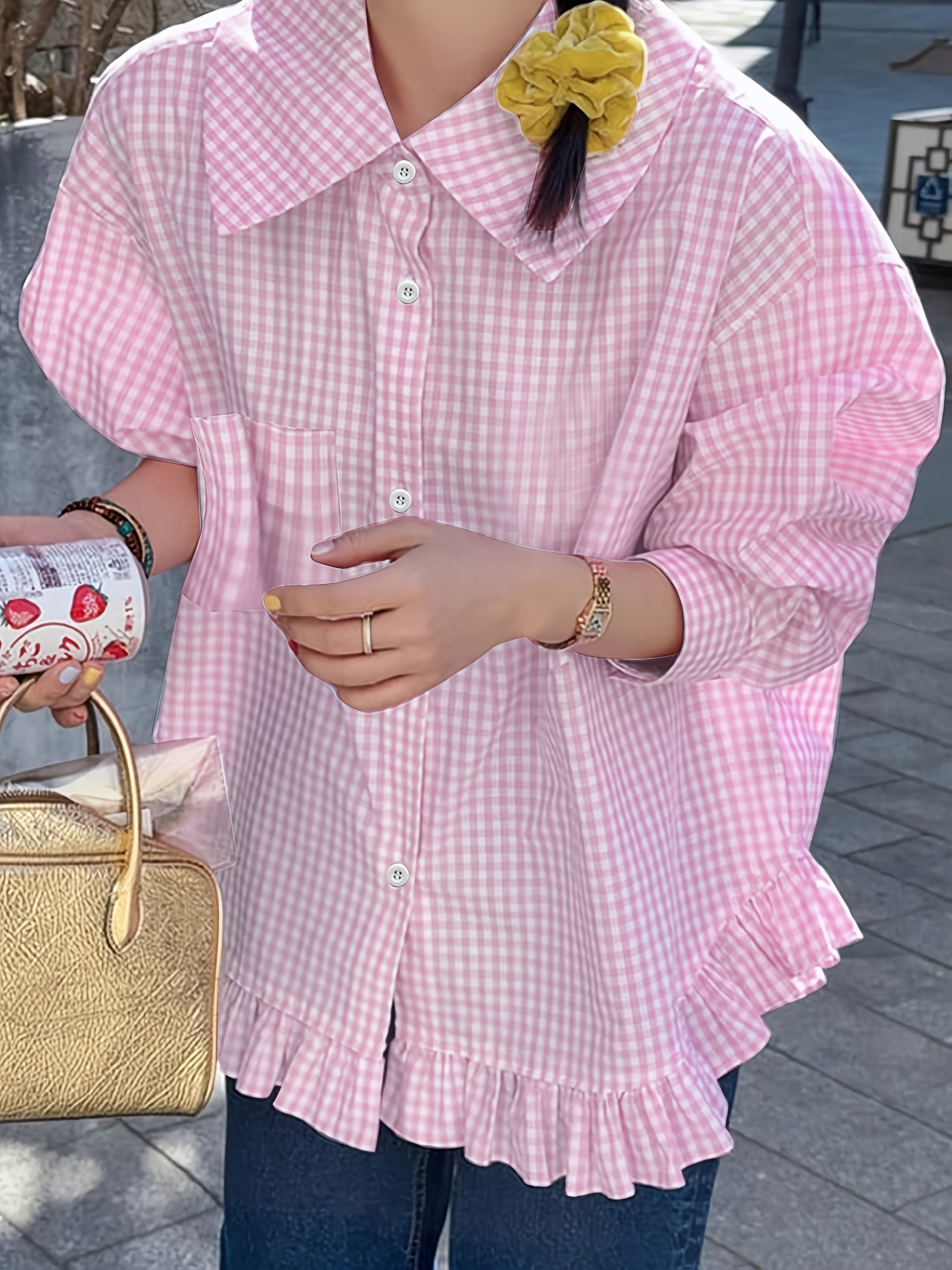 Plaid Ruffled Hem Shirt with Playful Collar, Long-Sleeve Top for Women, Stylish And Loose-Fitting, Versatile And Youthful Casual Shirt.
