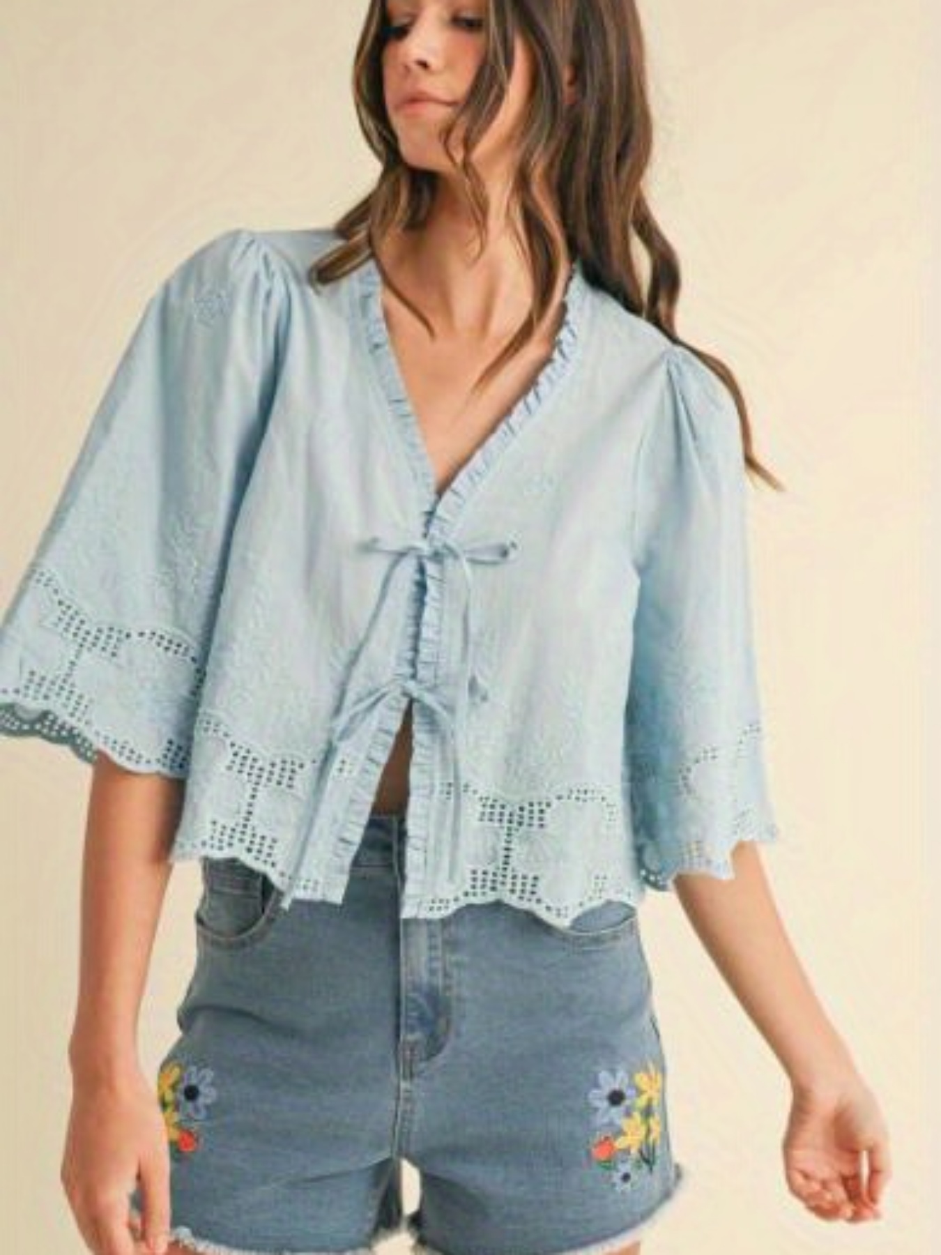 Women'S Blouse - V-Neck Tie-Front Top with Bubble Sleeves, Soft Pink Shirt for Everyday & Formal Outfits, Spring/Fall Women'S Clothing - Elegant Women'S Blouse, Spring Fashion, Retro Romantic Style, Delicate Detailing, Stylish Top, Trendy Outfits, Casual Wear, Lightweight Material, Short Sleeve Top, Office Ladies