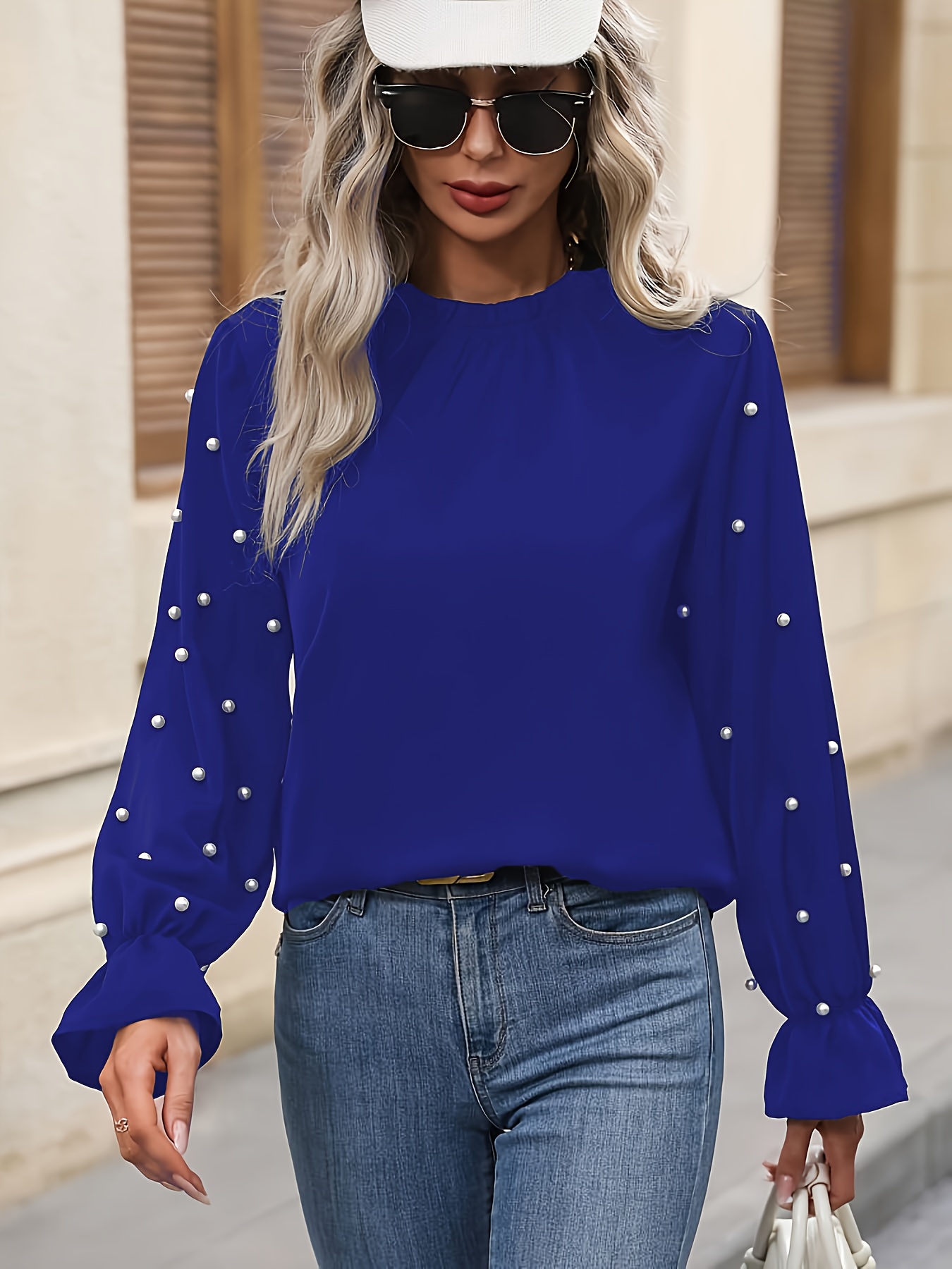 Women's Elegant Pearl Blouse - Long Sleeve Shirt with Flared Bell Sleeves & Feminine Collar, Non-See-Through Fabric for Formal Wear