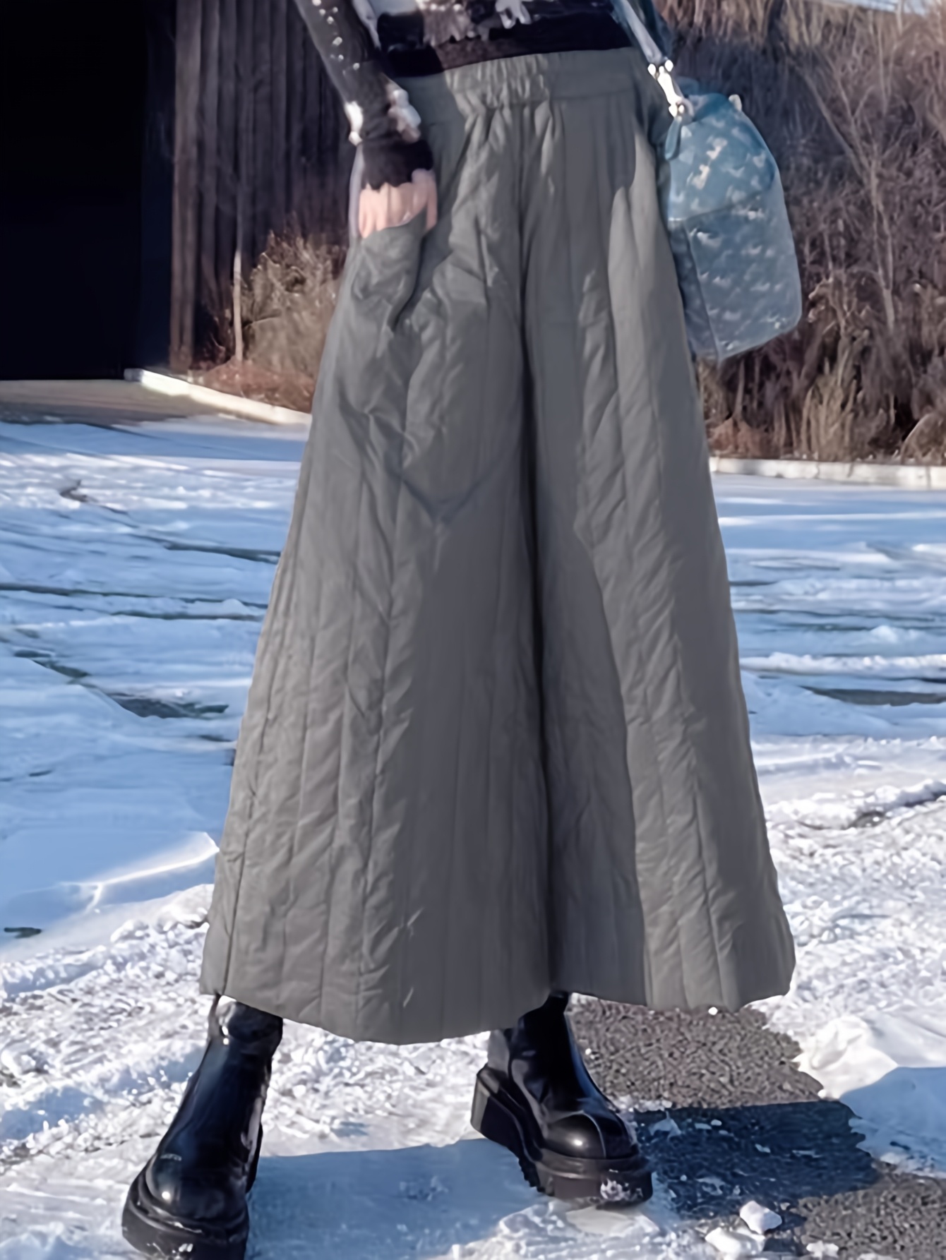 Women's Elegant High-Waisted Winter Pants - Loose Fit Trousers with Pockets, Non-Stretch Fabric for Office, Party & Everyday Wear