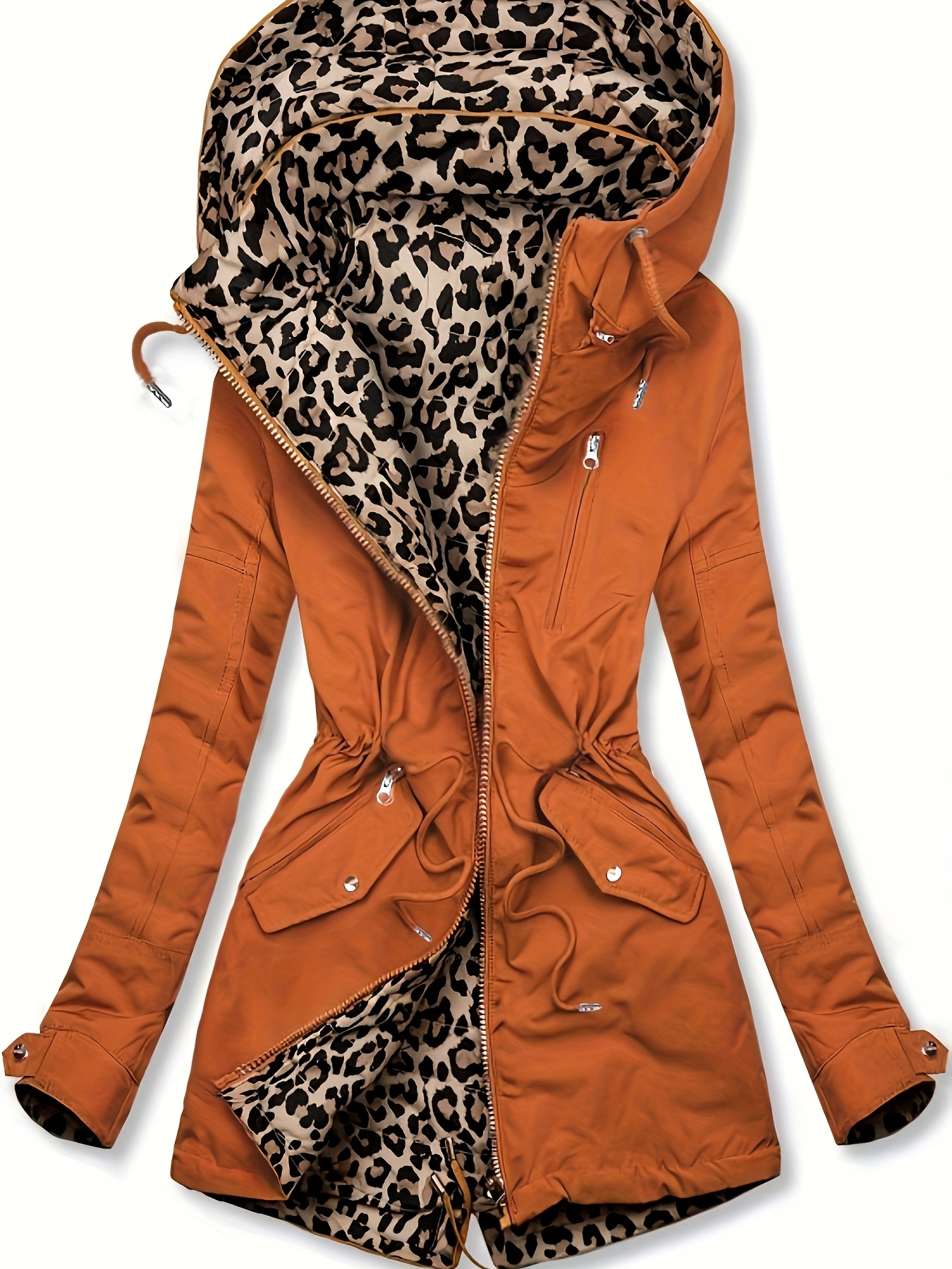 Women's Long Jacket with Reversible Solid Color and Leopard Print, Adjustable Drawstring Waist, Fashionable Trendy Autumn/Winter New Arrival, Comfortable Versatile Outerwear